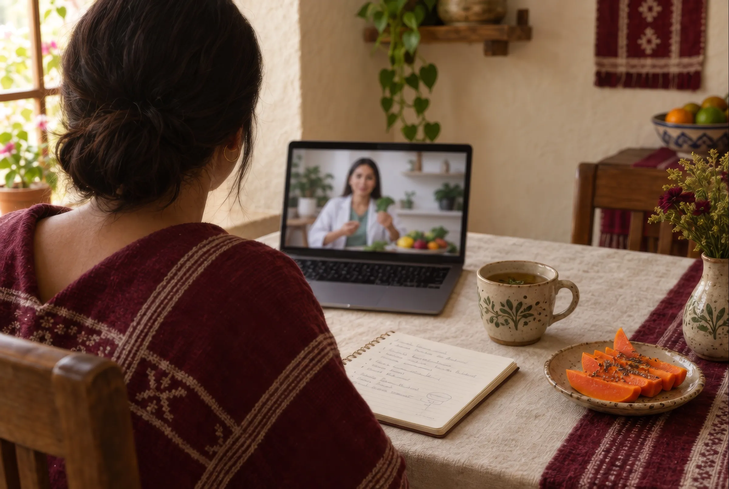 Paciente en consulta de nutrición por videollamada desde su comedor