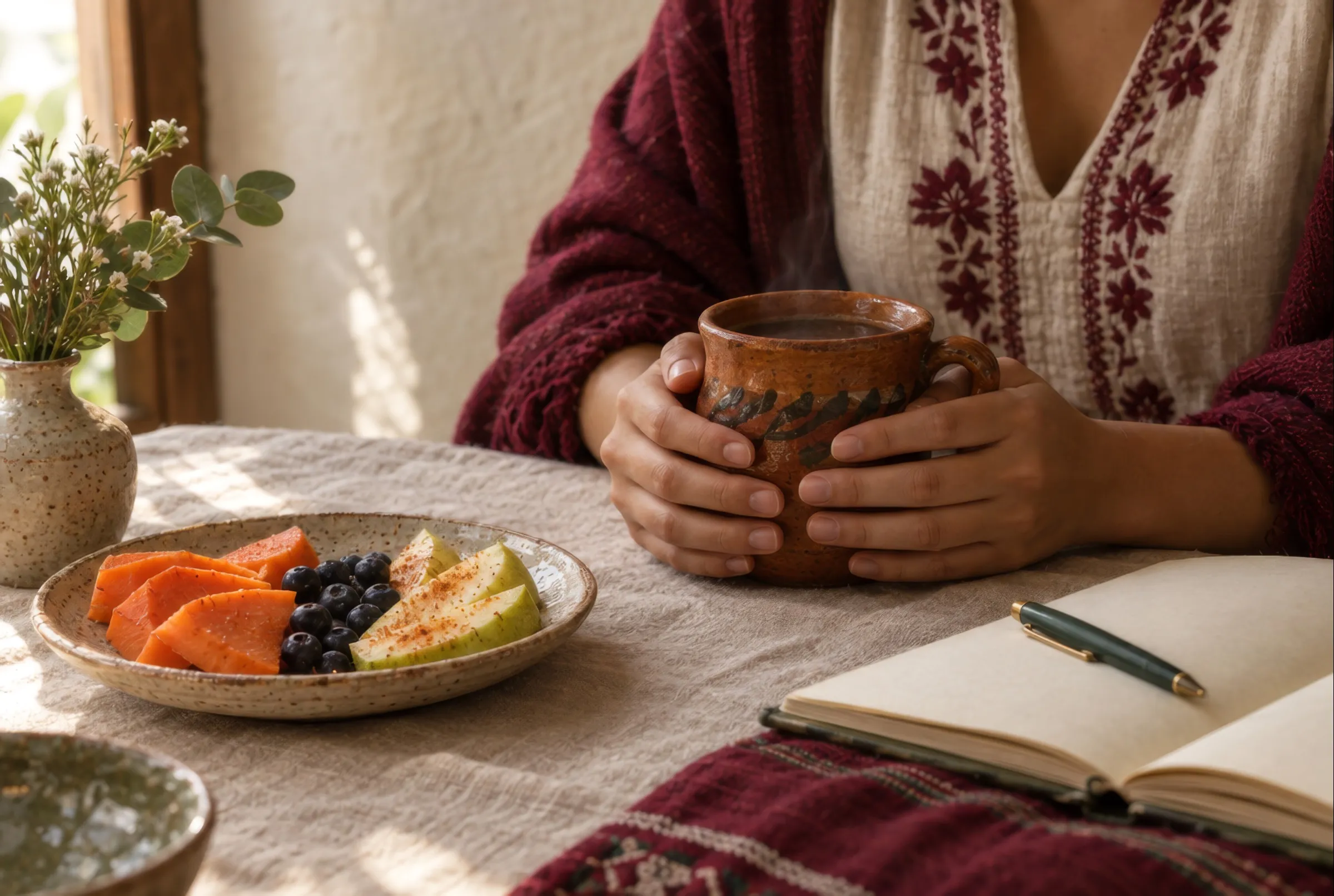 Manos sosteniendo una taza de barro junto a un plato de fruta y un cuaderno